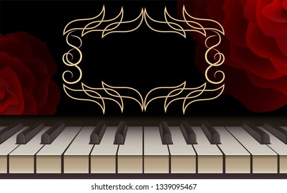 Vector illustration of 3D piano retro style music, the musical keyboard instrument for the execution of the melodies of classical works, with a gold frame template for text with red velvet rose 