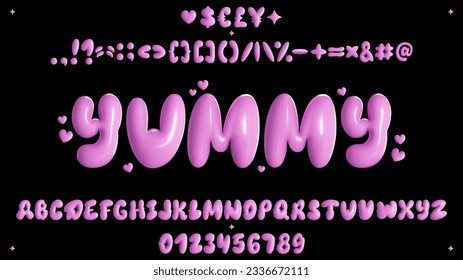 Vector illustration - 3D Pink Bubble Typeface Design. Trendy font with glossy plastic effect. Set includes: Alphabet, Numbers, Punctuation Marks, Currency Marks, Stickers. svg