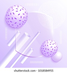 Vector illustration of 3d pipes and balls on violet background. Abstract design.