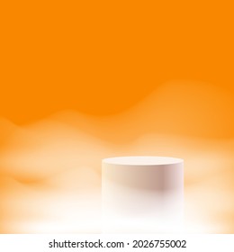 Ilustración vectorial del podio 3d para la visualización de productos con fondo en la nube y color naranja. folletos de belleza, moda, zapatos y otros productos