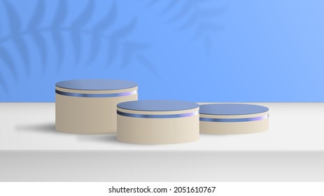 Vektorgrafik von 3D-Podium in drei Ständen. Leeres Podest-Konzept für Mode und Kosmetik