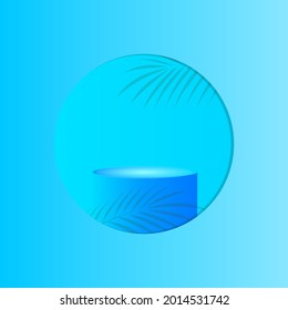 vector illustration of 3d podium in window with palm leaf decoration for product advertisement. round podium background. 3d podium