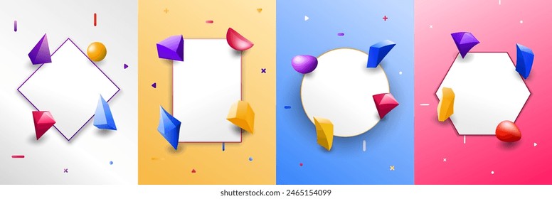 Vector illustration. 3d polygonal geometric twisted objects on empty white banners. Memphis pattern. Design elements for poster, photo frame, brochure, book or magazine cover, layout, flyer, voucher