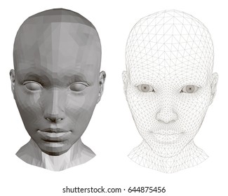 Vector illustration of 3d polygonal girl head, two kinds. Mesh coverage. EPS 8.