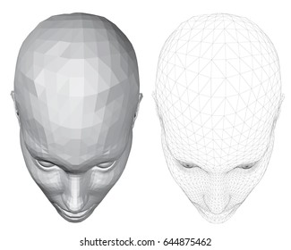Vector illustration of 3d polygonal girl head, two kinds. Mesh coverage. EPS 8.
