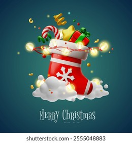 Vector illustration of 3D poster with Santa's Christmas stocking with gift, lollipop, stars and glowing garland on blue background. Happy New Year. Holiday advertising poster or card. Place for text.