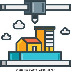 Vector illustration of a 3D printer constructing a house, showcasing modern building technology and innovation. Ideal for architecture and tech enthusiasts