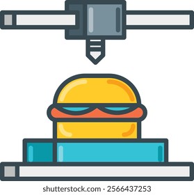 Vector illustration of a 3D printer crafting a toy figure with sunglasses, representing playful technology and creativity. Perfect for tech and toy enthusiasts