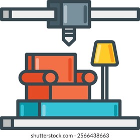 Vector illustration of a 3D printer crafting a chair and lamp, showcasing cutting-edge technology in furniture design. Perfect for interior design and tech enthusiasts