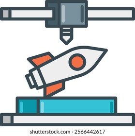 Vector illustration of a 3D printer crafting a rocket toy, symbolizing creativity and innovation in modern technology. Perfect for tech enthusiasts and designers