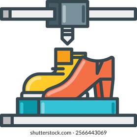 Vector illustration of a 3D printer creating a stylish shoe model, showcasing innovation and creativity in modern manufacturing technology. Ideal for fashion and tech enthusiasts