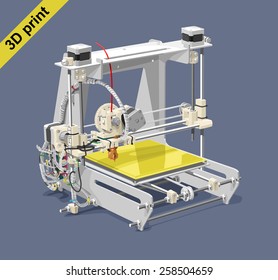 Vector illustration of a 3D printer on gray background. Solid fill only, no gradients. 