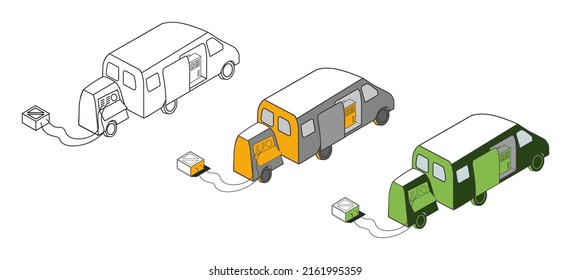 Ilustración vectorial en proyección 3d de una minifurgoneta de laboratorio con un remolque-tolva. Aislado sobre un fondo blanco. Decorado en tonos blancos, verdes y amarillos. Vista trasera.