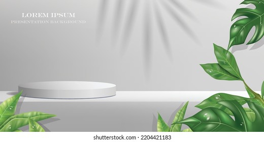 vector illustration 3D realistic cylinder podium and leaves design template on the white color studio,use for cosmetic and presentation background.