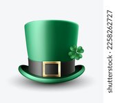 Vector Illustration with 3d Realistic Green Leprechaun Top Hat with Green Clover Shamrock. St. Patrick s Day Concept Design. Classic Retro Vintage Top Hat Isolated on White Background