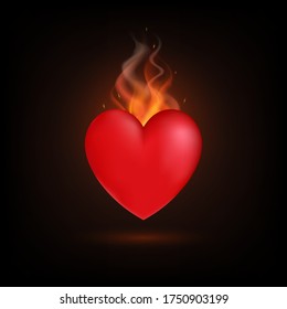 Vector illustration of 3D realistic heart with fire on black background. Red isolated burning heart with flames and smoke. Clip art, design element for card, banner, Valentine's day, medical theme. 