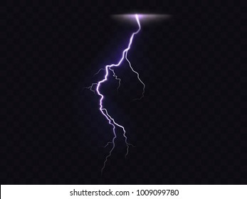 Vector illustration of 3d realistic lightning or thunderbolt isolated on dark translucent background. Bright flash of light, electrical discharge during thunderstorm, a natural phenomenon