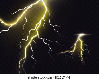 Vector illustration of 3d realistic lightning or thunderbolt isolated on night translucent background. Bright flash of light, high voltage strike, electric discharges, a dangerous natural phenomenon