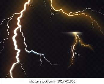 Vector illustration of 3d realistic lightning or thunderbolt isolated on night translucent background. Bright flash of light, high voltage strike, electric discharges, a dangerous natural phenomenon