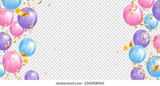 ilustración vectorial con globos 3d realistas de color azul y púrpura sobre fondo transparente