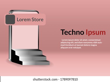 Vector illustration - 3d realistic store on mobile concept , online store business template landing page website