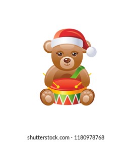 Vector illustration of 3d realistic symbol. Cute toy bear in Santa hat with drum. Merry Christmas and winter holidays icon isolated on white background. Flat retro Xmas design element cartoon logo