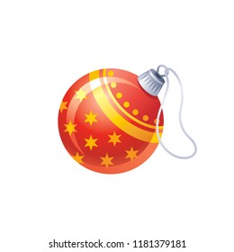 Vector illustration of 3d realistic symbol. Cute tree ball decoration, red golden. Merry Christmas and winter holidays icon isolated on white background. Flat retro Xmas design element cartoon logo