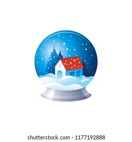 Vector illustration of 3d realistic Xmas symbol. Cute glass snow ball with magic house. Merry Christmas and winter holiday icon isolated on white background. Flat retro design element, cartoon symbol