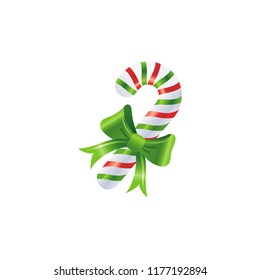 Vector illustration of 3d realistic Xmas symbol. Cute striped candy cane with bow. Merry Christmas and winter holiday icon isolated on white background. Flat retro design element, cartoon symbol