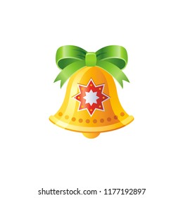 Vector illustration of 3d realistic Xmas symbol. Cute gold jingle bell with bow, star. Merry Christmas and winter holiday icon isolated on white background. Flat retro design element, cartoon symbol