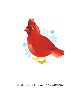 Vector illustration of 3d realistic Xmas symbol. Cute red cardinal bird and snow. Merry Christmas and winter holiday icon isolated on white background. Flat retro design element, cartoon nature symbol
