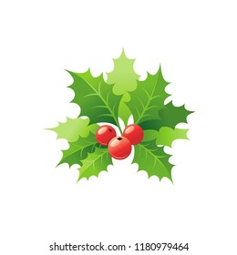 Vector illustration of 3d realistic Xmas symbol. Cute holly branch with red berry, leabes. Merry Christmas and winter holiday icon isolated on white background. Flat retro design element, cartoon logo