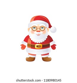 Vector illustration of 3d realistic Xmas symbol. Cute standing Santa Claus in glasses. Merry Christmas and winter holiday icon isolated on white background. Flat retro design element, cartoon logo