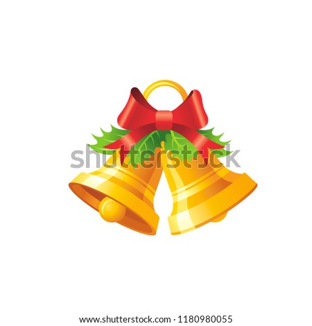 Vector illustration of 3d realistic Xmas symbol. Cute gold jingle bells with bow, holly. Merry Christmas and winter holiday icon isolated on white background. Flat retro design element, cartoon logo