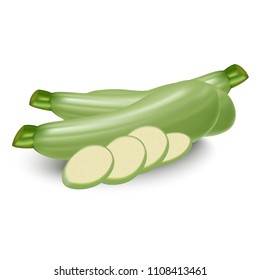 Vector Illustration. 3d realistic zucchini whole and sliced icon.