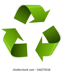 Vector illustration of 3d recycling symbol isolated on white.Green recycling icon with realistic shadow. Shiny plastic recycling symbol. Three dimensional recycling icon.