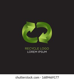 Vector illustration of 3d recycling symbol isolated on black background. Shiny plastic recycling symbol. Three dimensional recycling icon.