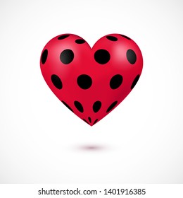 Vector illustration of 3d red heart with ladybug colors isolated on white background. Valentine romantic background, symbol of love for kids, print, invitation, party.