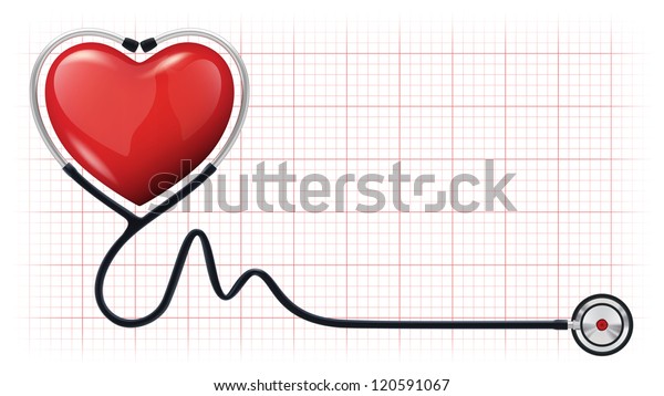 心臓図の背景にリアルな聴診器を持つ3d赤い心のベクターイラスト のベクター画像素材 ロイヤリティフリー