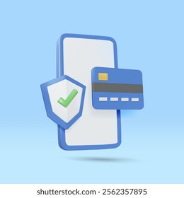 Vector illustration 3D render of blue mobile phone icon Credit card and protective shield with green check mark Concept about secure online payments financial security and reliability in transactions