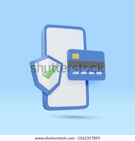 Vector illustration 3D render of blue mobile phone icon Credit card and protective shield with green check mark Concept about secure online payments financial security and reliability in transactions