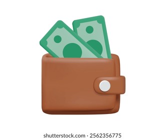 Vector illustration, 3D render of a brown wallet icon with a green banknote inside. Referring to finances, wallets, storing money. and management of financial resources isolated on white background