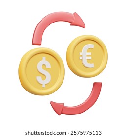 Vector illustration 3D render of currency exchange concept icon. Use the dollar and euro symbols on the golden coin. along with a red curved arrow that represents movement or circulation.