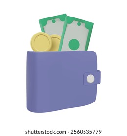 Vector illustration, 3D render of a purple wallet icon with a green banknote and a gold coin inserted inside. It represents finance, savings, investment, business, spending isolated on a white