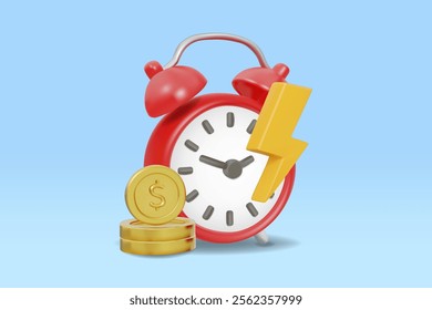 Vector illustration 3D render of red alarm clock icon. yellow lightning and gold coins piled up on a blue background Time management ideas to optimize finances or investments and development success