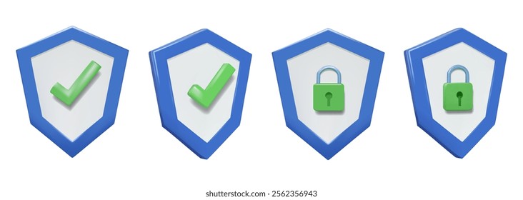 Vector illustration, 3D render of a set of shield icons with a check mark and padlock symbol. It indicates safety, verification and protection. isolated on white background