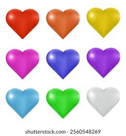 Vector illustration, 3D rendering of 9 heart icons in red, orange, yellow, pink, blue, purple, cyan, green and white, representing love, happiness, emotions, Valentine's Day, isolated on a white