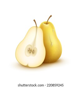 Vector illustration 3d ripe pear with water drops, isolated on white background.