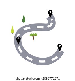 Vector illustration 3d road infographic with pin, pointer. Street information concept. Asphalt road asphalt and colored hairpins