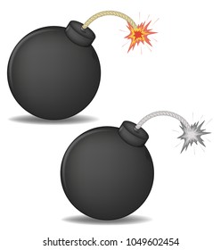 vector illustration of a 3D round bomb with burning wick. color and black-and-white versions